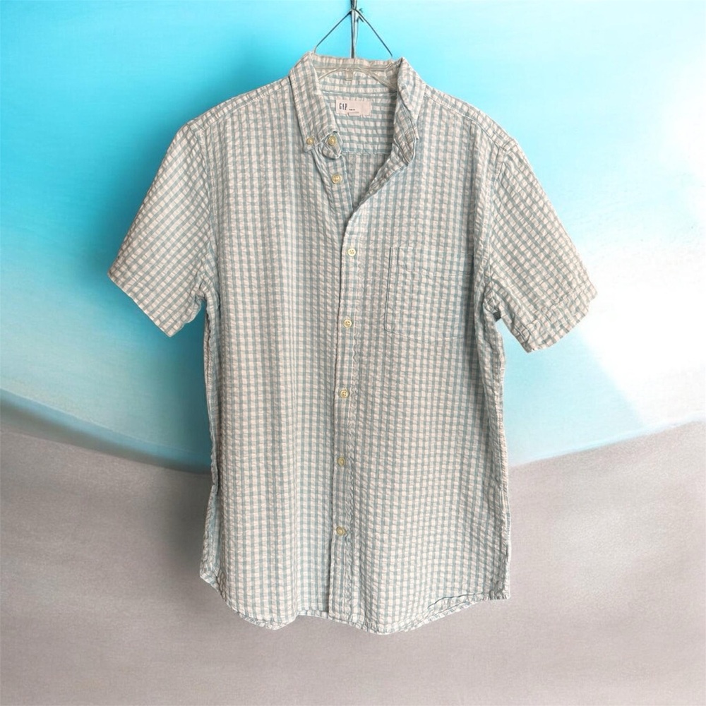 🔥2 for $6🔥 GAP Men's Blue and White Checkered Short Sleeve Slim Fit Shirt size M